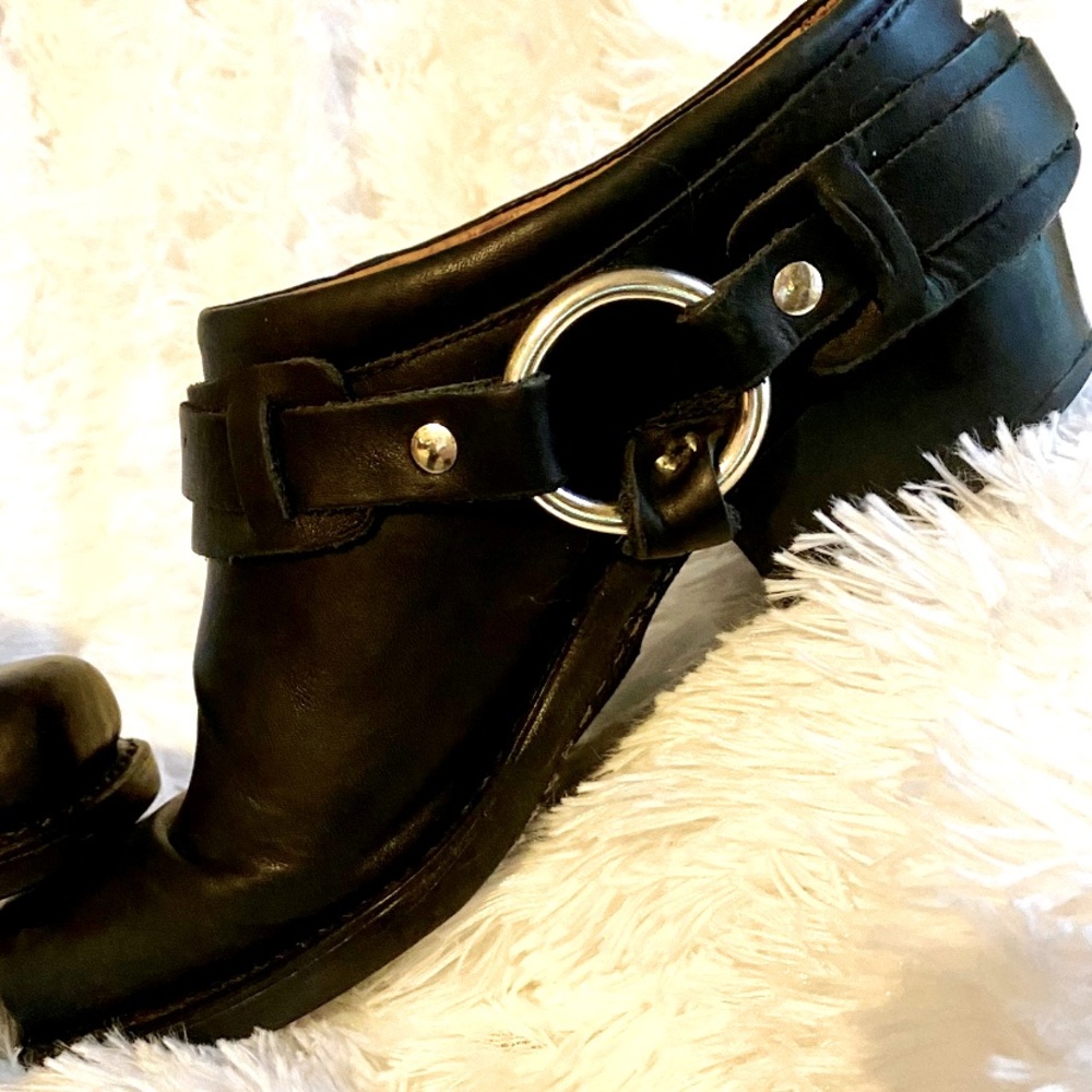 Frye Black Leather Harness Mules